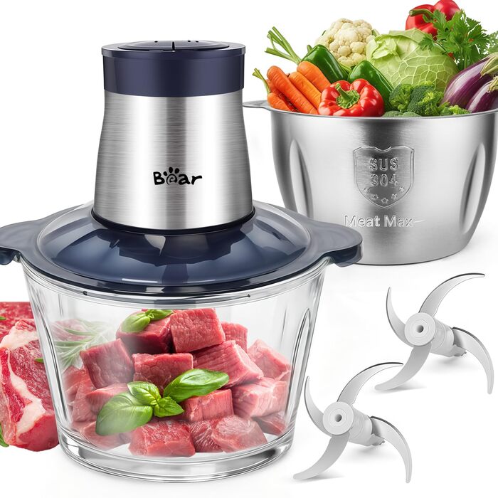 Електричний подрібнювач м'яса Bear 2L+1.8L з функцією м'ясоподрібнювача, 600W, 2 швидкості, зі скляною та нержавіючою сталлю, 4 леза, для м'яса, дитячого харчування, фруктів та овочів