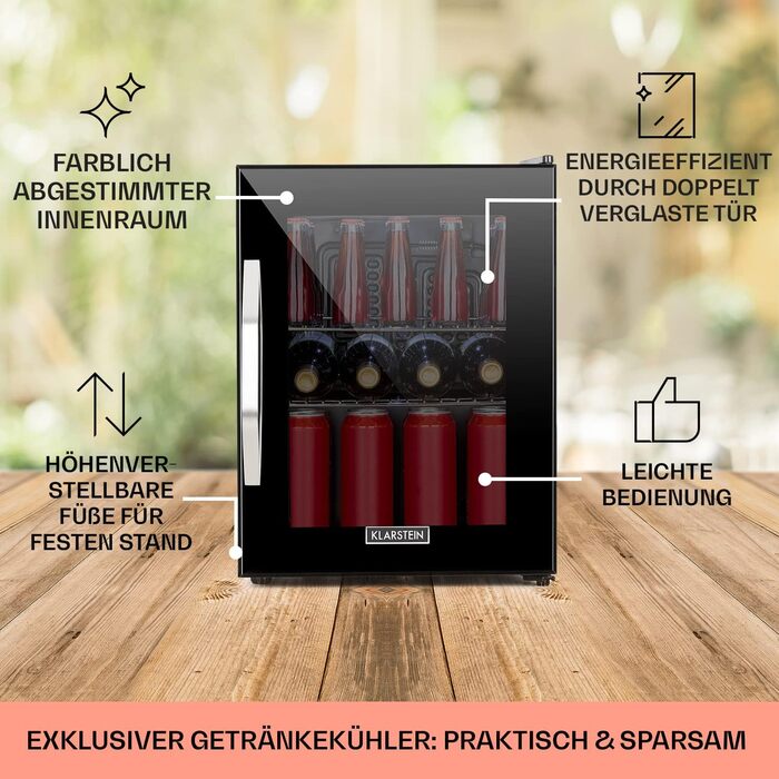 Міні-холодильник Klarstein з дверцятами зі скла, для кімнати, холодильник для напоїв з регульованими полицями, компактний, для використання в приміщенні/на вулиці, тихий (33 л, чорний)