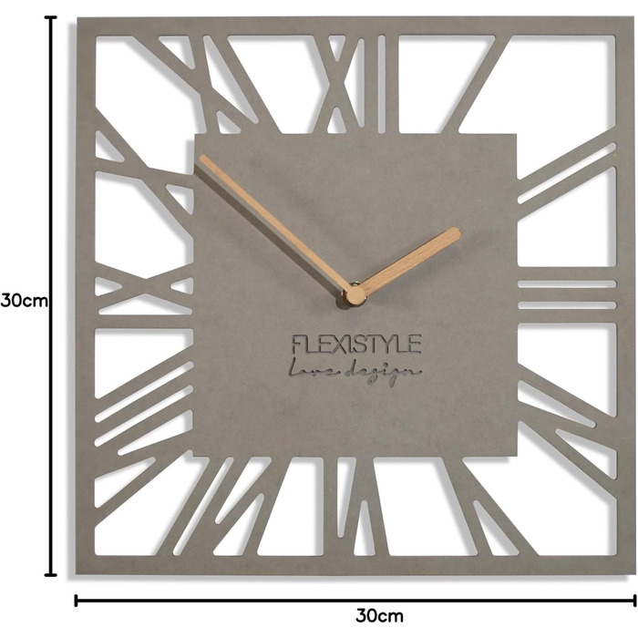 FLEXISTYLE Wall Clock No Ticking Sound Modern LOFT Piccolo Square 30cm Living Room Bathroom, z219n (Gray)