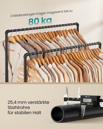 SONGMICS Clothes Rack, Clothes Rail, Coat Rack with 2 Clothes Rails and Shelf, Wheels, Load Capacity up to 110 kg, Industrial Design, for Bedroom, Dressing Room, white HSR060W01 (Black)
