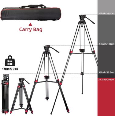 Штатив важкий 183 см, Lusweimi Професійний штатив для відеокамери з алюмінію, 2 швидкісні пластини, 360° Fluid-головка, середній розширювач, Макс. навантаження 7.7 кг