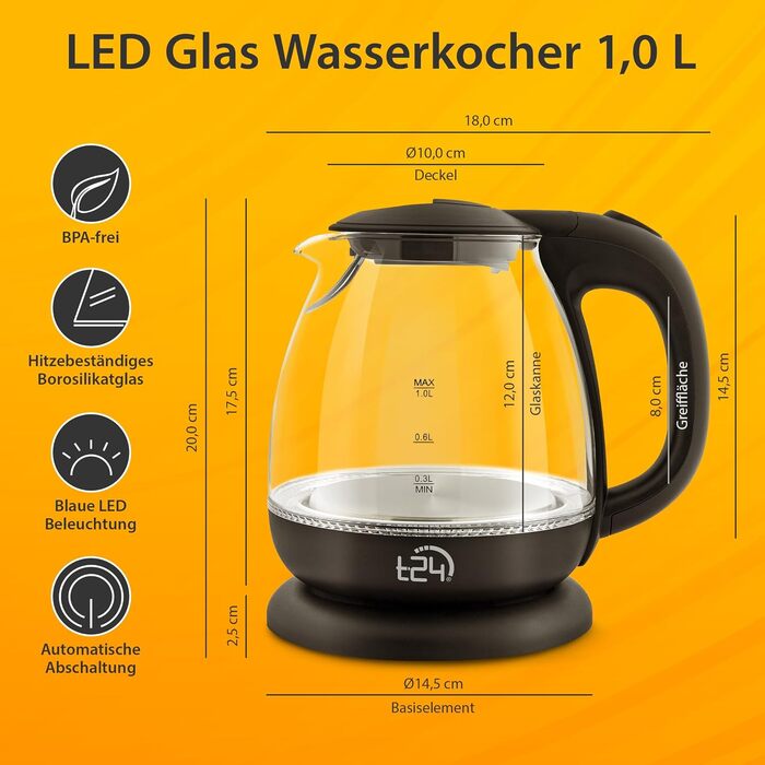 Скляний електрочайник T24 79020 з LED-підсвіткою, 1.7 л, 2200 Вт, захист від випаровування, без BPA