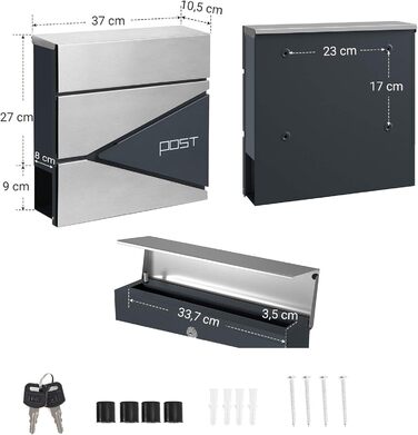 Поштовий ящик SONGMICS XXL, вуличний, з замком та відділенням для преси, антрацитово-сірий + сріблястий, GMB051G02