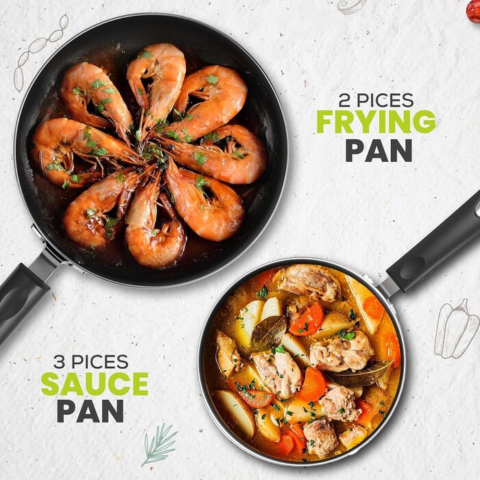 Набір посуду KICHLY 5 предметів з антипригарним покриттям: каструлі та сковорідки для індукційних плит. Включає сковорідки 20см, 28см та каструлі 20см, 22см, 16см з кришками (чорний)