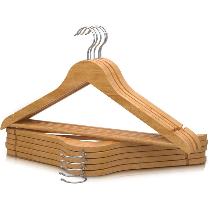 Плечики для одягу Portentum Holz, 10 шт., натуральні кольори - поворотний гачок 360°, борозни для спідниць та блузок, нековзний перекладина для штанів, підходять для костюмів, сорочок, курток