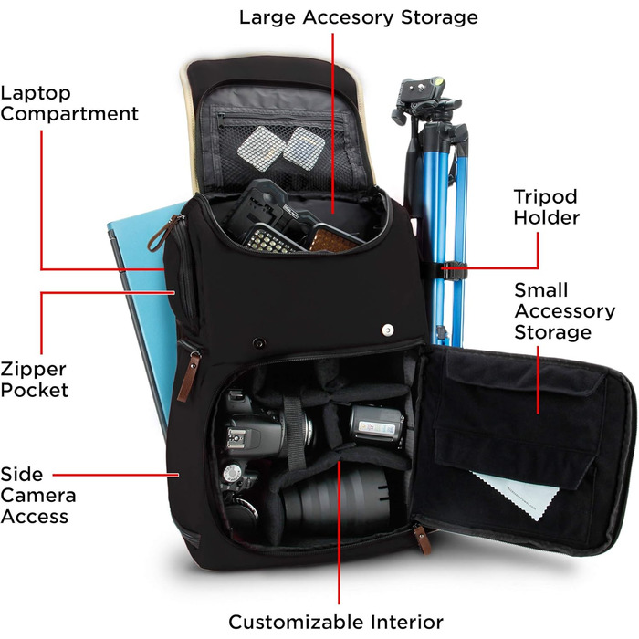GOgroove Рюкзак для камери: DSLR рюкзак для подорожей, камера, аксесуари, ноутбук, штатив, вологостійкий, чорний