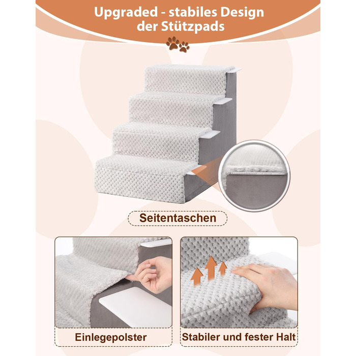 KSIIA Dog Stairs for Small Dogs 44cm High, Pet Stairs with Removable Washable Cover, Cat Stairs for Elderly Cats and Dogs, Non-Slip Dog Ramp Dog Stairs for Bed Sofa, Grey