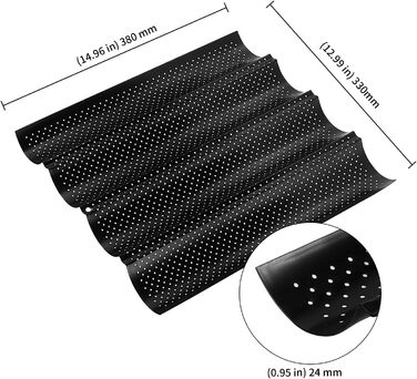 KEILEOHO 3-Piece Baguette Baking Pan, Baguette Baking Sheet with 4 Cavities, 38 x 33 cm Baguette Baking Sheet/Pan, Bread Baking Accessories for 4 Baguettes, Black