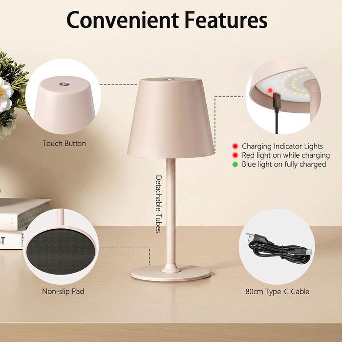 Настільна лампа бездротова LED акумуляторна рожево-бежева для дому та вулиці, диммується, металева IP54