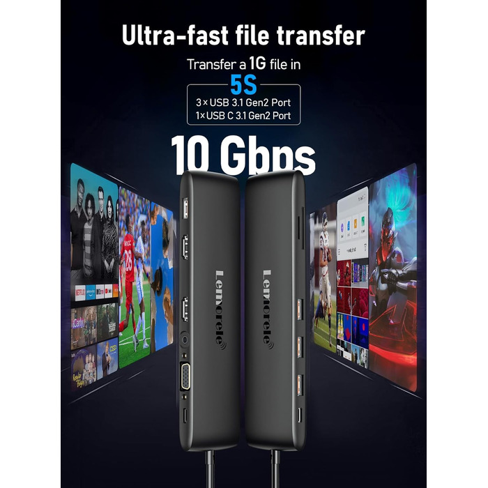 Lemorele Док-станція 12-в-1 з USB-C, 10Gbps, Dual 4K HDMI, VGA, USB 3.1/2.0, 100W PD, SD/TF, Audio для Windows, MacBook, Dell