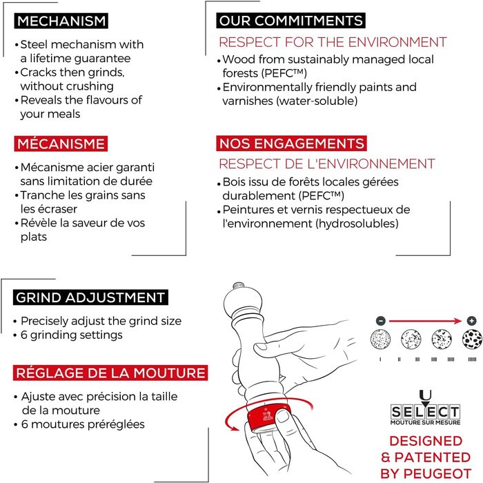 Набір для перцю та солі Peugeot Paris u'Select, 18 см - 6 ступенів помелу, механізм Zirlion, дерево PEFC, Made in France