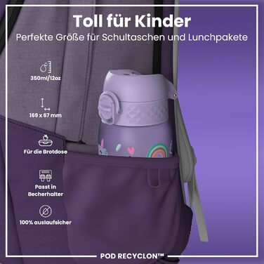 ion8 Insulated Stainless Steel Drinking Bottle 320 ml Leak-Proof One-Hand Opening Secure Locking Dishwasher-Safe Flip-Top Lid Carrying Handle Easy to Clean, Durable, Unicorn (Evo, Recyclon, Violet)