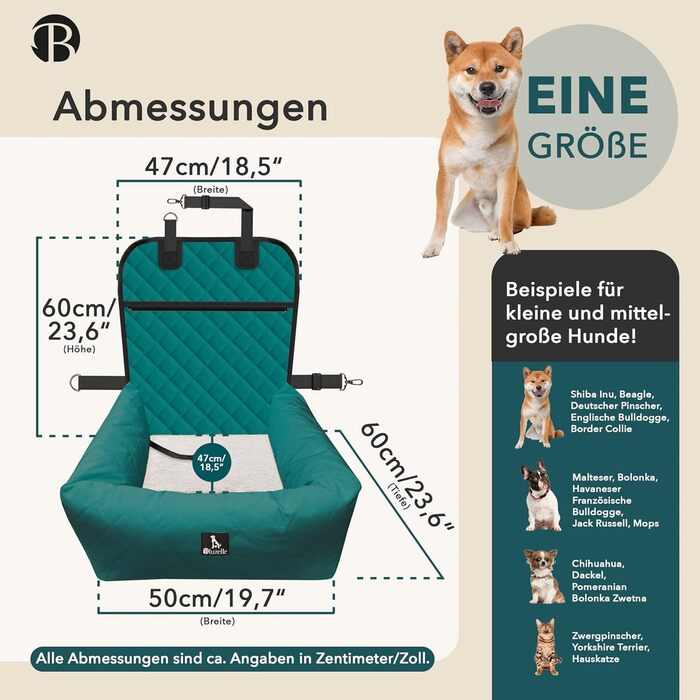 Bluzelle 2-in-1 Dog Car Seat & Bed - Oxford Fabric, Washable, Non-Slip - for Small & Medium Dogs, Petrol Color