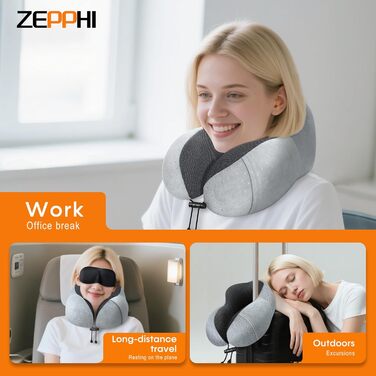 Подушка для шиї у літак - подушка для подорожей з регулюванням Memory Foam - подушка-вишенка з м'яким, дихаючим чохлом - ідеально для кемпінгу, офісу, авто, літака, подушка для сну (Сірий)