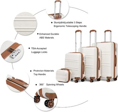 Набір валіз KONO 4 в 1 з косметичкою, ABS, великий, середній, маленький, з TSA замком (кремовий білий)