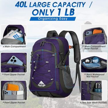 IGOLUMON Hiking Backpack for Men and Women, 40L Waterproof Backpack, Lightweight Foldable Travel Backpack, Trekking Backpack with Reflective Stripes, for Cycling, Climbing, Mountaineering and Travel Sports (Purple)
