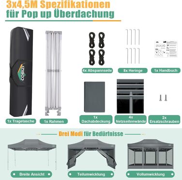 COBIZI Pavilion 3x3m Foldable, Waterproof & Winterproof – Stable Garden Tent with 23mm Steel Pipe, UV50+ and Mosquito Nets for Camping/Parties + Carry Bag (Gray, 3mx4.5m)