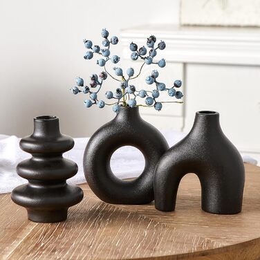Set of 3 Black Ceramic Vases - Small Pampas Grass Decor, Modern Flower Vases for Home, Wedding & Living Room Centerpieces