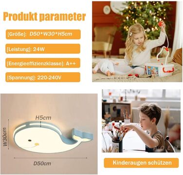 LED Ceiling Lamp Dolphin Shape Dimmable with Remote Control Boy Girl Baby Kids Children's Room Lamps Ceiling Children's Room Bedroom Lamp Room Lighting Chandelier, White, 50cm (Blue, 50cm)