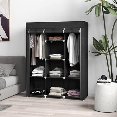 HOMCOM Wardrobe Fabric Closet with Drawers, Hanging Rail and Zipper, Fabric Clothes Closet Folding Wardrobe for Bedroom, Dressing Room, 102 x 42.5 x 162.5 cm, (Black, 125L x 43W x 162.5H cm)