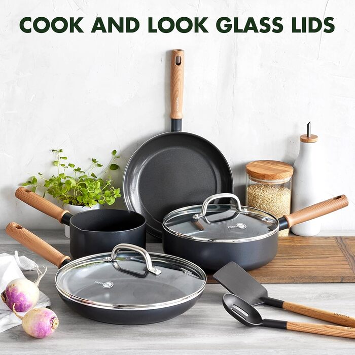 GreenPan Hudson Healthy Ceramic Non-Stick Coating, 8-Piece Cookware Set, Pots and Pans, Vintage Wood-Inspired Handle, PFAS-Free, Dishwasher Safe, Black 8 Piece Cookware Pots and Pans Set Schwarz