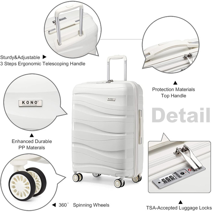 KONO Чемодан середнього розміру 65см з поліпропілену, з TSA замком, 65x46x26.5см (Крем-білий)