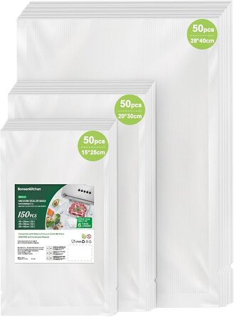 Bonsenkitchen Vacuum Bags - 150 Bags - 15x25 cm (50) + 20x30 cm (50) + 28x40 cm (50), Professional-grade foil bags for all vacuum sealers, vacuum bags for food, BPA-free, VB3215