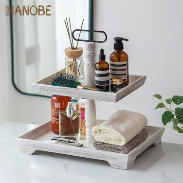 Hanobe Decorative Table Tray Etagere Wood: White Washed Wood Tray Large Rectangular with 2 Tiers Farmhouse Decorative Tray Vintage Shabby Serving Tray for Home Coffee Corner Bathroom