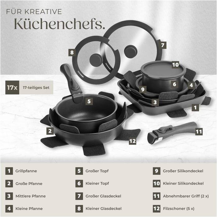 Набір посуду Tectake 17 предметів з антипригарним покриттям для індукційних плит: каструлі, сковороди та кришки