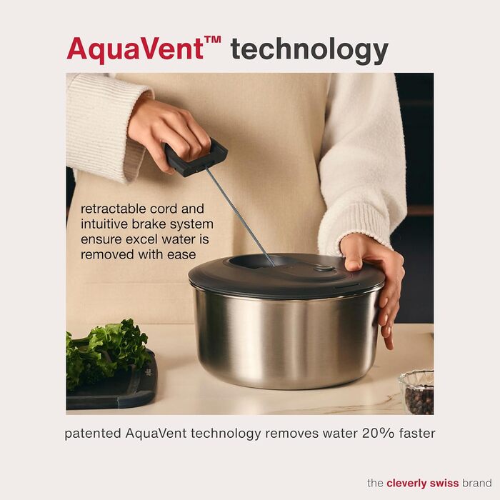 Салатниця-швидкокрутка Zyliss Easy Spin 6L з мотузковим механізмом, нержавіюча сталь, BPA-free, AquaVent™