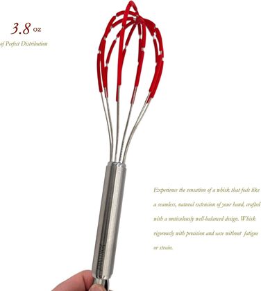 Силіконовий вінчик для збивання з лопатками, нержавіюча сталь 18/10, антипригарне покриття, безпечний для сковород, ергономічна ручка, ідеально підходить для змішування, збивання та перемішування, 27.9 см, червоний