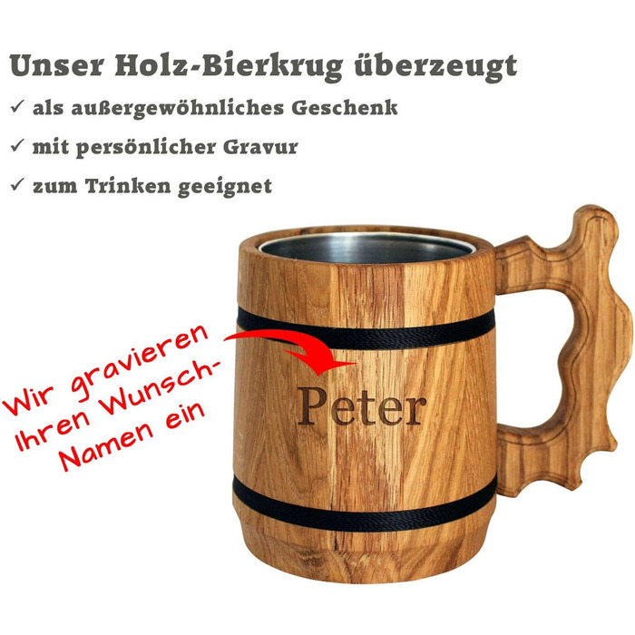 Personalized Beer Gift - Wooden Beer Stein with Stainless Steel Mug 0.5 L - Engraving with Name - for Men, Father, Beer Drinker - Popular Alternative to Beer Glass, Mug, Tankard
