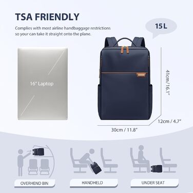 Рюкзак для ноутбука 16 дюймів, водонепроникний, для чоловіків та жінок, ідеальний для школи, подорожей та велосипеда (Морська синя)