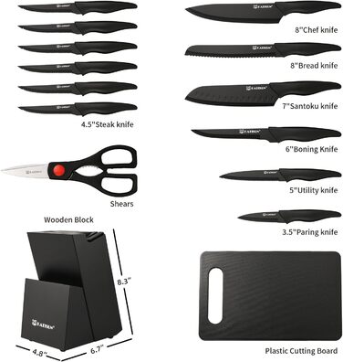 KATISUN 16-Piece Japanese Steel Knife Set with Block - Includes Sharpener, Cutting Board & Kitchen Shears - Dishwasher Safe