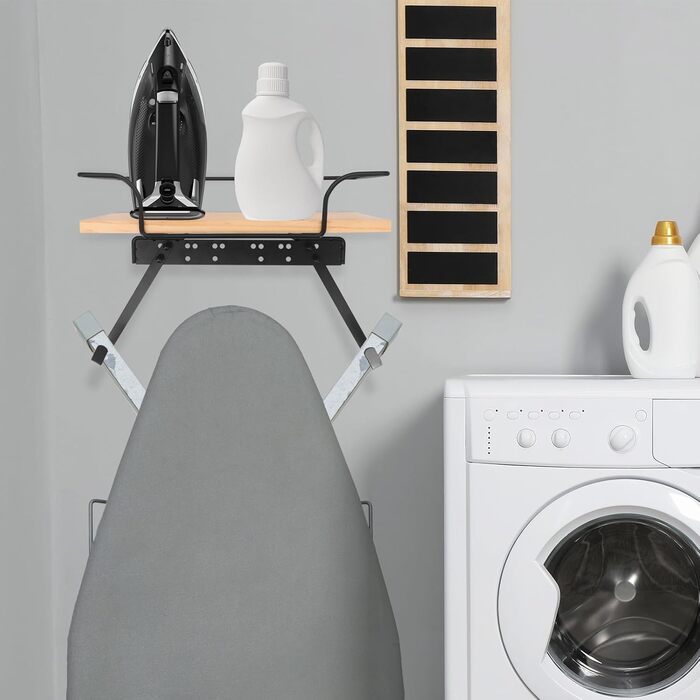 Настінна вішалка для праски та гладильної дошки, органайзер для прасування, дерев'яний підстав, регульовані гачки, для пральні