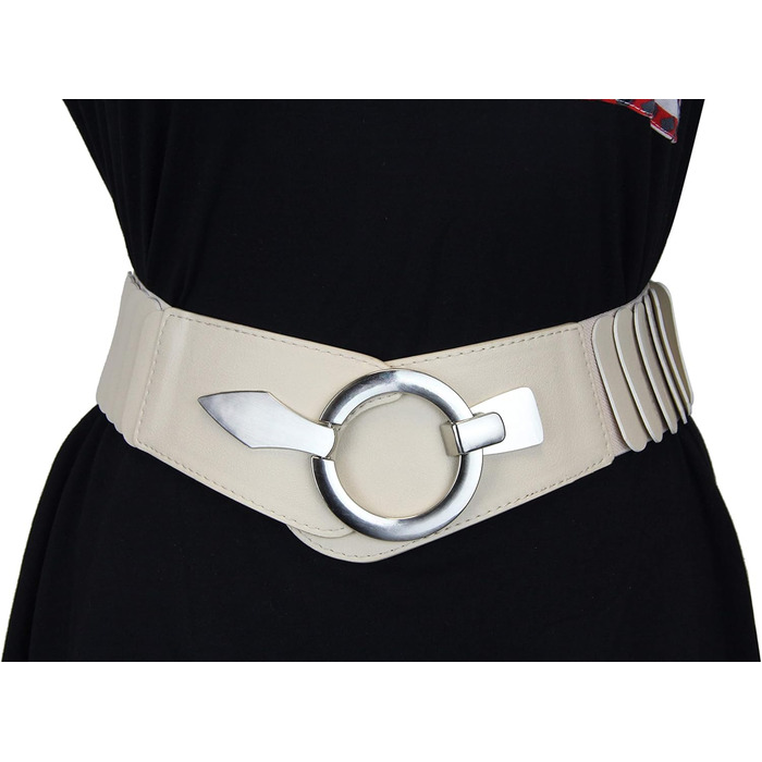 Жіночий еластичний пояс-гурт на талію Vanessa & Melissa, бежевий, 80 см (85-105 см талія), з срібною пряжкою