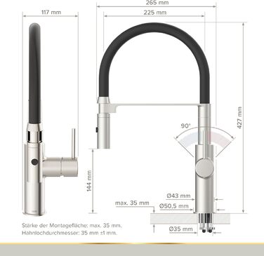 Кухонний змішувач Lenz NALU нікель-матова поверхня, висувна насадка, 2 режими, економія води, антифотковідбиток, монтаж зверху, артикул 46070422
