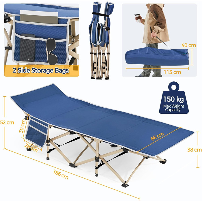 Ліжко гостьове Yaheetech складане для кемпінгу, блакитне, до 150 кг, з бічною кишенею та сумкою для транспортування