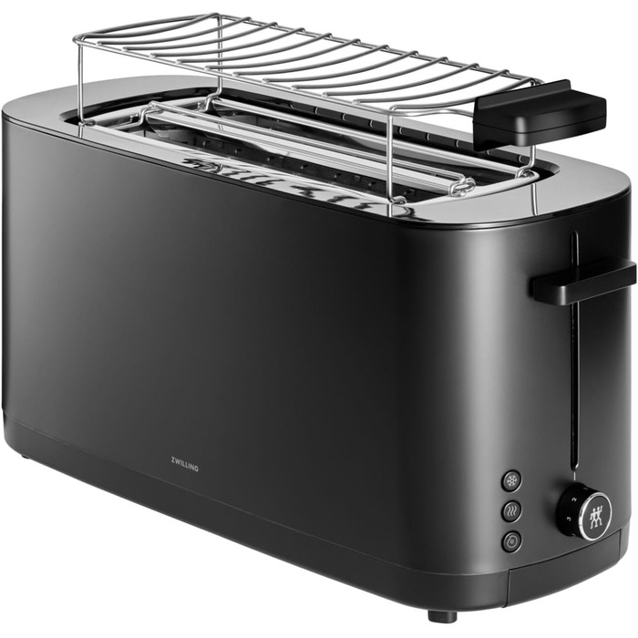ZWILLING ENFINIGY Toaster with 3 automatic programs, 7 browning levels, and an auto-off function, long-slot toaster for 4 short or 2 long slices, with a roll holder attachment, Black with attachment Black