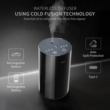 Дифузор для ефірних олій Cavir без води, портативний міні-ароматизатор повітря, USB-зарядка, 1/2/3 години таймер, 3 рівні туману, для дому, офісу, автомобіля, чорний