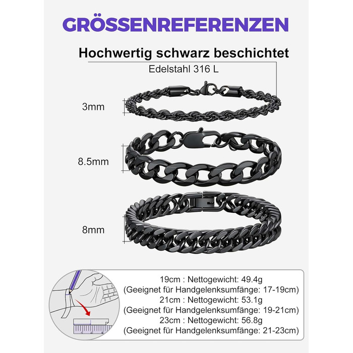 Набір чоловічих браслетів Richsteel з нержавіючої сталі (3 шт.), чорний/сталь/золото, 9/8/4 мм, довжина 19/21/23 см, для подарунка