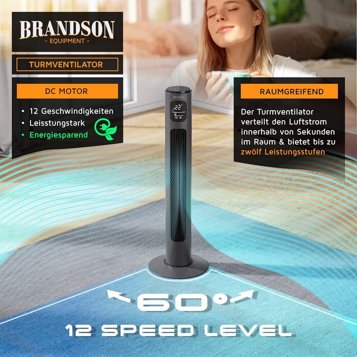 Brandson ECO Tower Fan - Silent DC Motor, 12 Speed, Remote Control, Timer, Energy Efficient, Cool Grey
