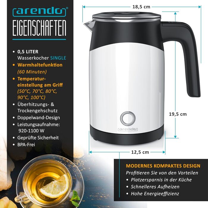 Arendo 0.5L Stainless Steel Kettle with Temperature Setting in Double-Walled Design - 0.5L Water Capacity - 5 Adjustable Temperature Levels - Single Teakettle - Keep-Warm Function - Energy-Saving (A White)