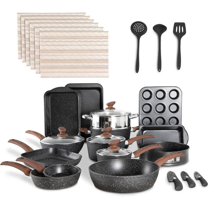 Kitchen Academy 30-Piece Induction Cookware Set with Glass Lids and Granit Coating, including Frying Pans and Pots (Black)