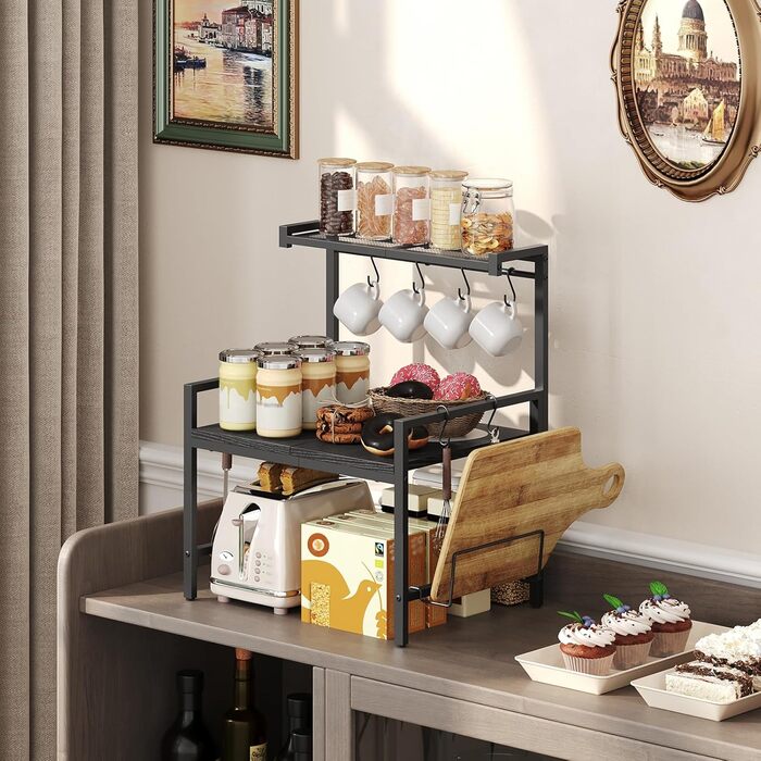 Поличка для мікрохвильової печі, кухонна поличка, 2 яруси, з підставкою для обробної дошки, органайзер з 8 гачками, чорний, ABRBN5301