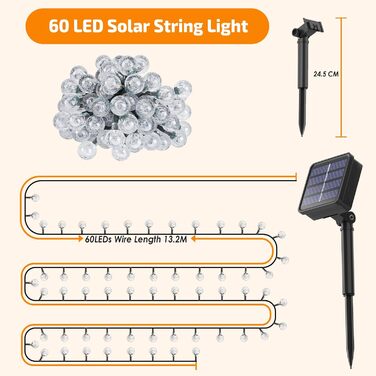 Сонячна гірлянда для вулиці, 60 LED, 13.2м, 8 режимів, IP65, тепле світло. Декорація для балкона, тераси, саду, ялинки.
