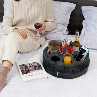 Couch Drink Holder, Sofa Drink Holder, Removable and Washable Velvet Cup Cozy Pillow Cushion Lap Tray with Coffee Cup Holder for Home, Car, Bathroom, Park, Travel, Indoor, Outdoor – Grey