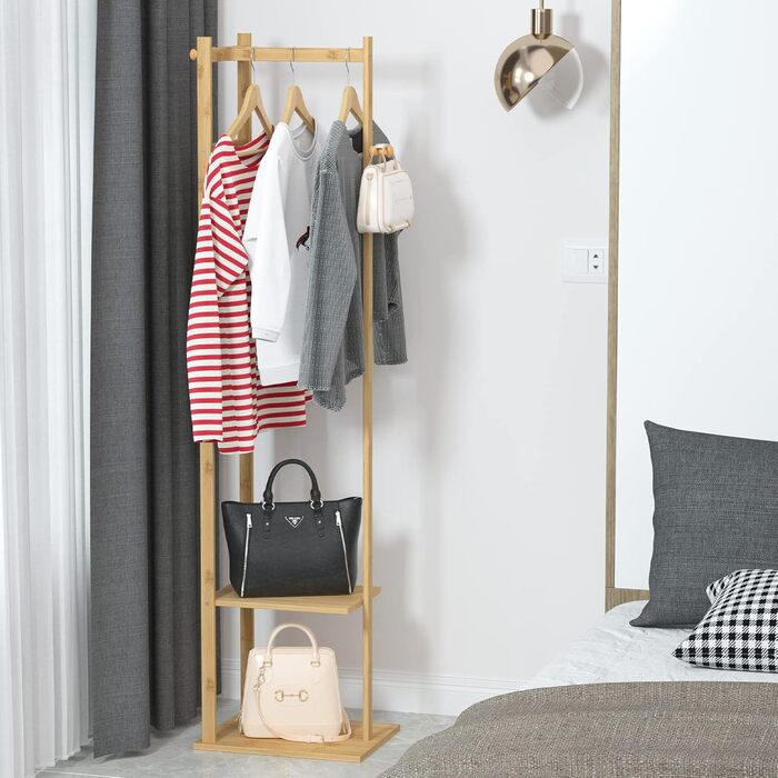 unho Bamboo Wardrobe Rack, Freestanding Clothes Rack, Coat Rack with Clothes Rail, 2 Shelves, 3 Hooks for Clothing, Hats, Bags, Hallway, Entrance Area