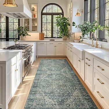 Килим миючий, з штучної вовни, світло-бежевий, для дому, під ліжко, до спальні, обідньої кімнати, під стіл, 2' x 6' (Прямокутний), темно-зелений