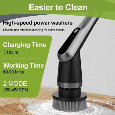 Електрична щітка для прибирання з 7 насадок, IPX7, регульована ручка, для ванної, кухні, підлоги, авто (чорний, сірий)